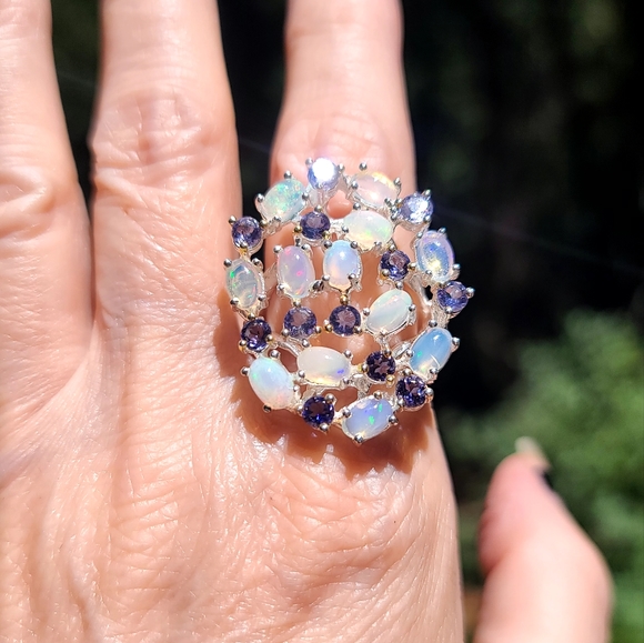 Blue Opals & Lolite 925 sterling cocktail ring sz 8.5 - Picture 5 of 8